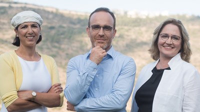 Aleph Farms’ leadership team. From left to right: Technion Professor Shulamit Levenberg, Co-Founder and Chief Scientific Adviser; Didier Toubia, Co-Founder and Chief Executive Officer; Dr. Neta Lavon, Chief Technology Officer and Vice President of R&D. Credit: Rami Shalosh